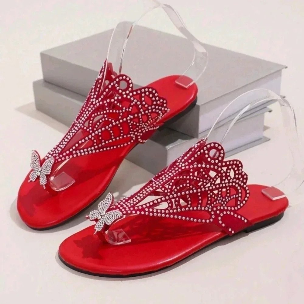 Summer New Genuine Leather Flat & Low-Heeled Cross-Toe Sandals With Rhinestone - Picture 5 of 6